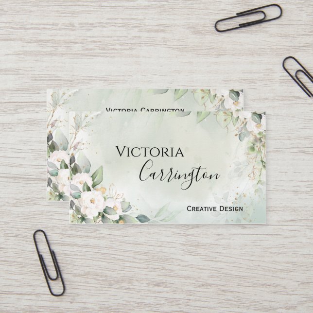 Tarjeta De Visita Elegante Floral Gold Green Script Profesional (Anverso/Reverso In Situ)