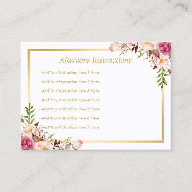 Tarjeta De Visita Elegante Floral Gold Lash Salon Aftercare Card (Anverso)