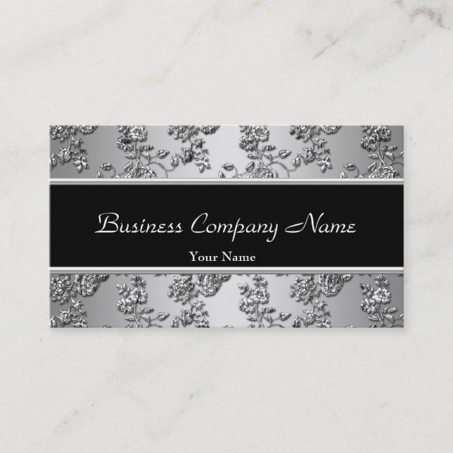 Tarjeta De Visita Elegante floral Grabado en relieve plateada negra  (Anverso)