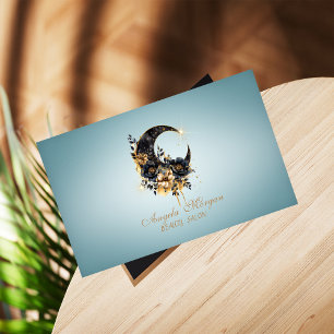 Tarjeta De Visita Elegante Floral Luna Azul