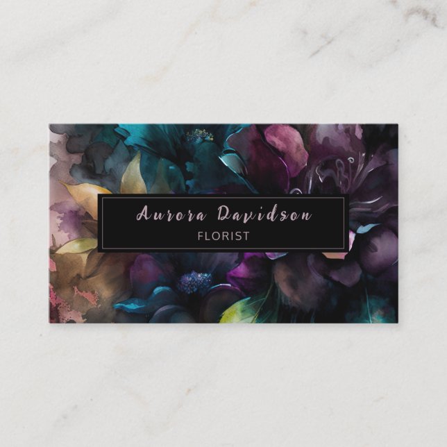 Tarjeta De Visita Elegante Floral oscura sobre negro (Anverso)