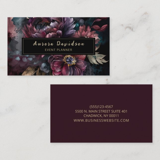 Tarjeta De Visita Elegante Floral oscura sobre negro (Anverso / Reverso)