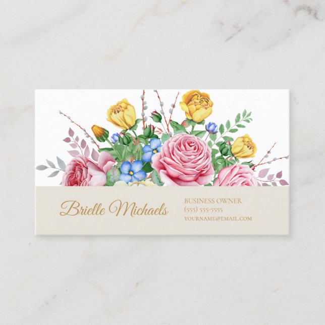 Tarjeta De Visita Elegante floral Rosa de primavera rosa y amarillo (Anverso)