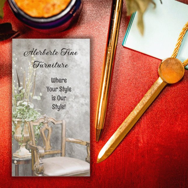 Tarjeta De Visita Elegante floral y elegante silla vertical (Elegant business card with a chair and floral arrangement will be perfect for furniture stores.)