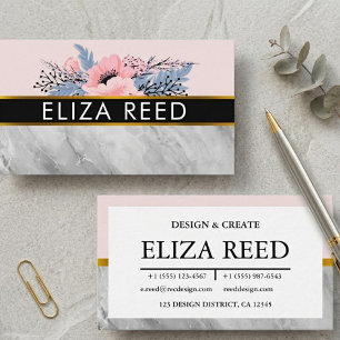 Tarjeta De Visita Elegante Floral y Mármol Rosa Profesional