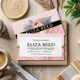 Tarjeta De Visita Elegante Floral y Profesional de Mármol Rosa