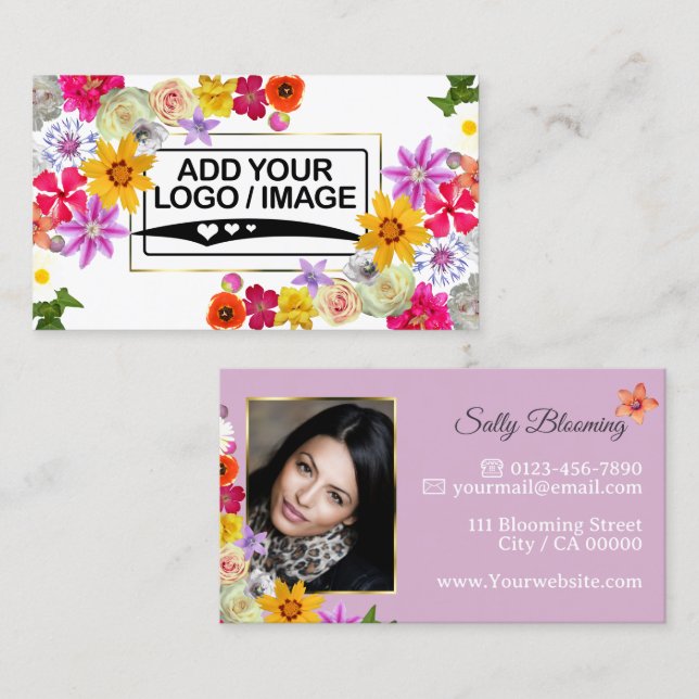 Tarjeta De Visita Elegante florecimiento de flores silvestres con lo (Anverso / Reverso)