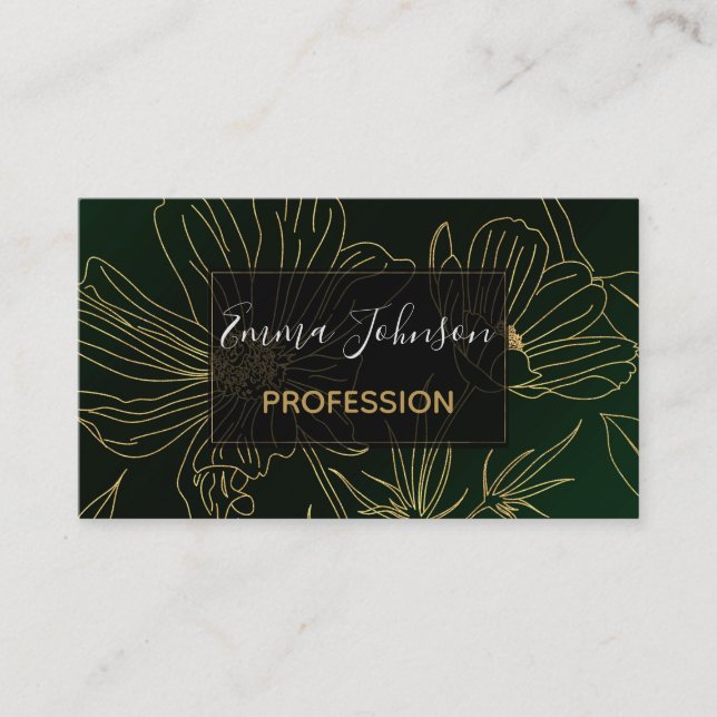 Tarjeta De Visita Elegante Flores de Oro Verde Botánico (Anverso)