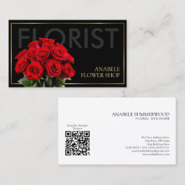Tarjeta De Visita Elegante florista de marco dorado negro con rosas