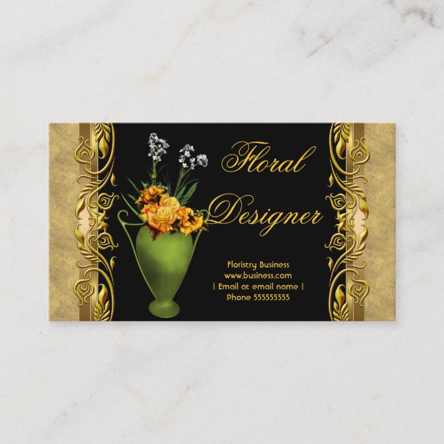Tarjeta De Visita Elegante floristería de oro negro rosa amarillo (Anverso)