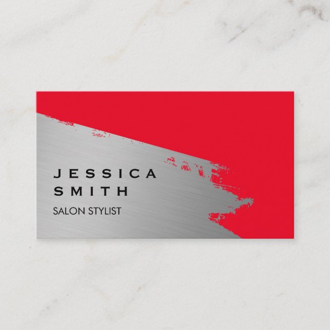 Tarjeta De Visita Elegante fondo rojo cepillado plateado (Anverso)