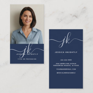 Tarjeta De Visita Elegante foto de las iniciales del manuscrito azul
