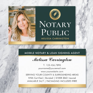 Tarjeta De Visita Elegante Foto de Notario Público en Dorado y Verde
