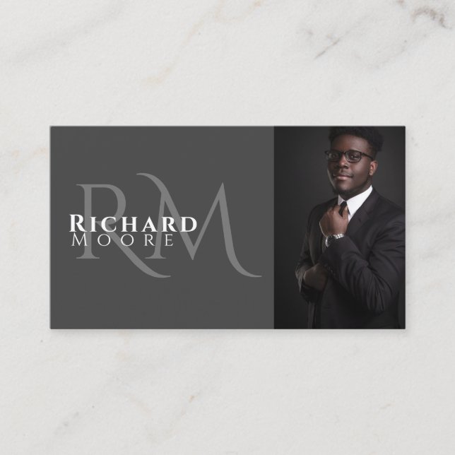 Tarjeta De Visita Elegante foto moderna en blanco y gris monogramada (Anverso)