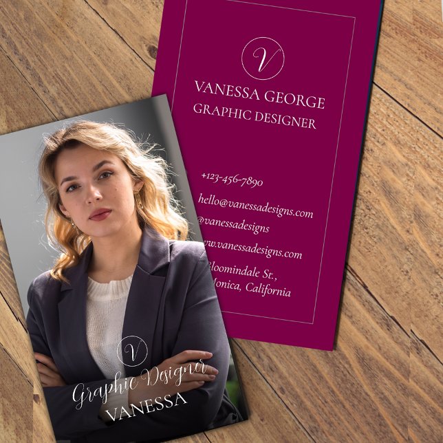 Tarjeta De Visita Elegante foto profesional de Monograma Rojo Profes (Elegant Cute Red Photo Modern Monogram Custom Business Card)