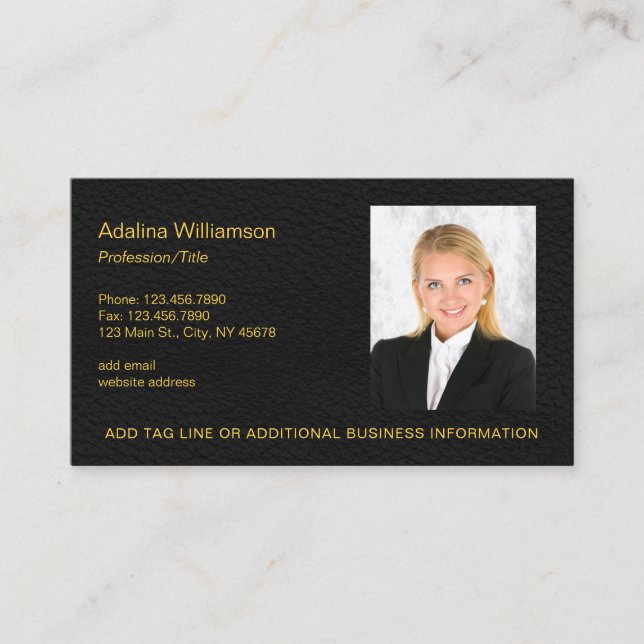 Tarjeta De Visita Elegante foto profesional Faux Black Leather (Anverso)