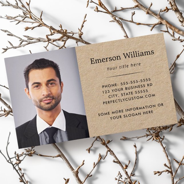 Tarjeta De Visita Elegante foto y logo personalizado Papel Kraft (Elegant white photo and custom logo Kraft paper Business Card)