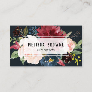 Tarjeta De Visita elegante fotografía burdeos azul floral