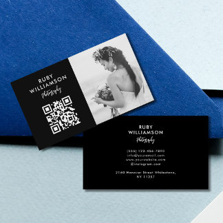 Tarjeta De Visita Elegante fotógrafo Boda blanco y negro QR Code