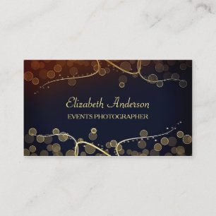 Tarjeta De Visita Elegante fotógrafo de eventos Black and Gold Bokeh