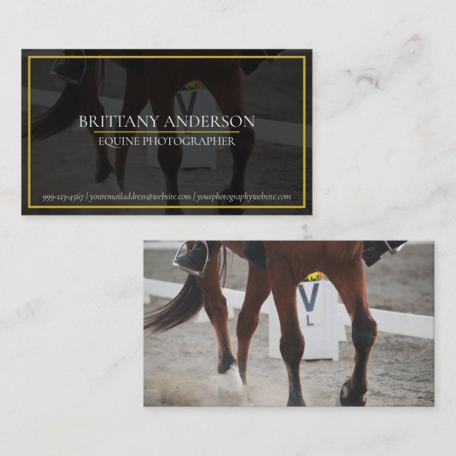 Tarjeta De Visita Elegante Fotógrafo ecuestre/Caballo de oro negro (Anverso / Reverso)