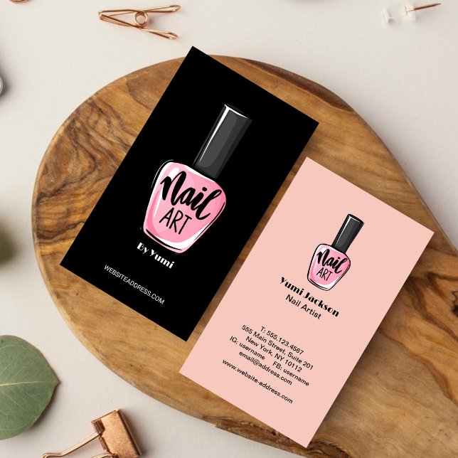 Tarjeta De Visita Elegante frasco polaco Rubor rosa y negro con uñas (Subido por el creador)