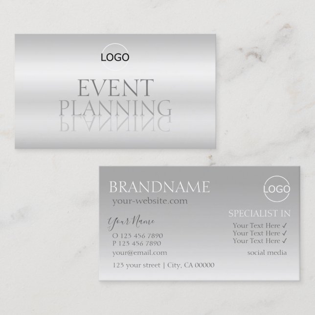 Tarjeta De Visita Elegante fuente espejo de Moda plateada con logoti (Anverso / Reverso)
