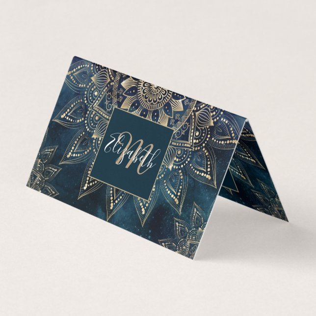 Tarjeta De Visita Elegante galaxia azul Mandala dorada (Anverso)