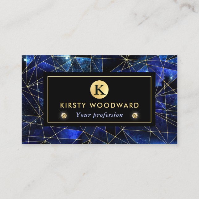 Tarjeta De Visita Elegante galaxia de cristal azul y oro medianoche (Anverso)
