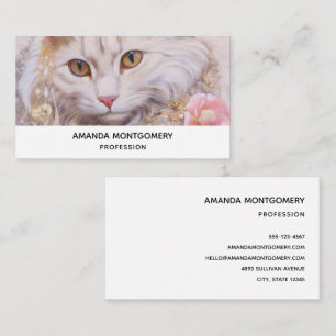 Tarjeta De Visita Elegante gato blanco en oro y diamantes
