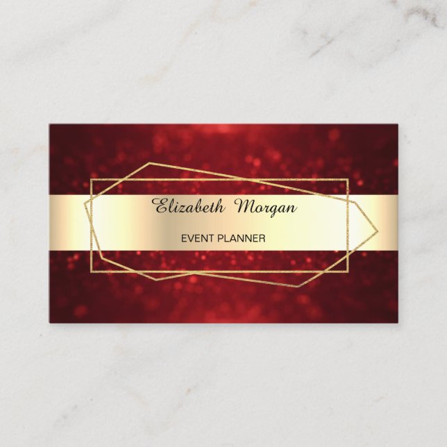 Tarjeta De Visita Elegante Gémetric Gold de moda, Frame, Red Bokeh (Anverso)