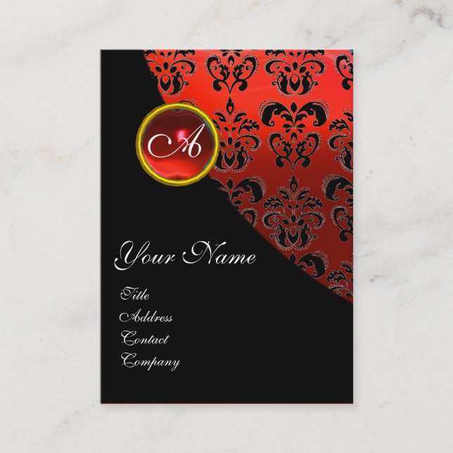 TARJETA DE VISITA ELEGANTE GEMSTONE MONOGRAM DE DAMASK ROJO NEGRO, (Anverso)