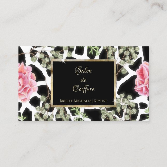 Tarjeta De Visita Elegante Giraffe Imprimir Roses Rosa Salón De Marc (Anverso)