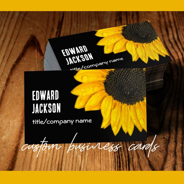 Tarjeta De Visita elegante girasol amarillo sobre doble cara negra (Subido por el creador)