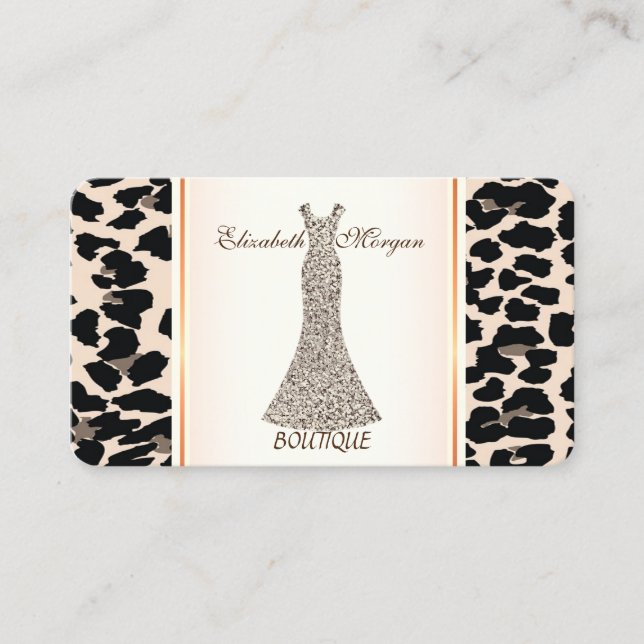 Tarjeta De Visita Elegante Girly Moderno, Impresión Leopardo, Vestid (Anverso)