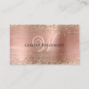 Tarjeta De Visita Elegante Glam Monograma Brillo Rosa Dorado Falso