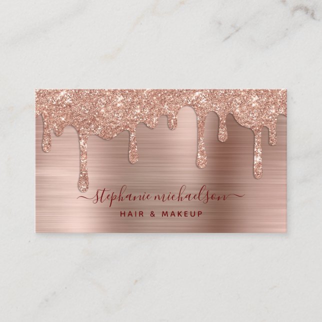Tarjeta De Visita Elegante Glam Rosa Oro Purpurina Drip Hair Makeup (Anverso)