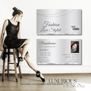 Tarjeta De Visita Elegante glamoroso plateado con logo y foto
