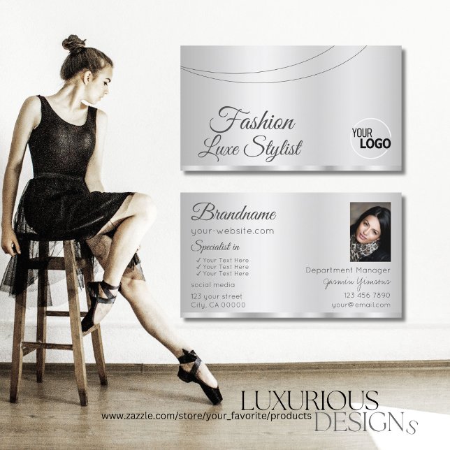 Tarjeta De Visita Elegante glamoroso plateado con logo y foto (Subido por el creador)