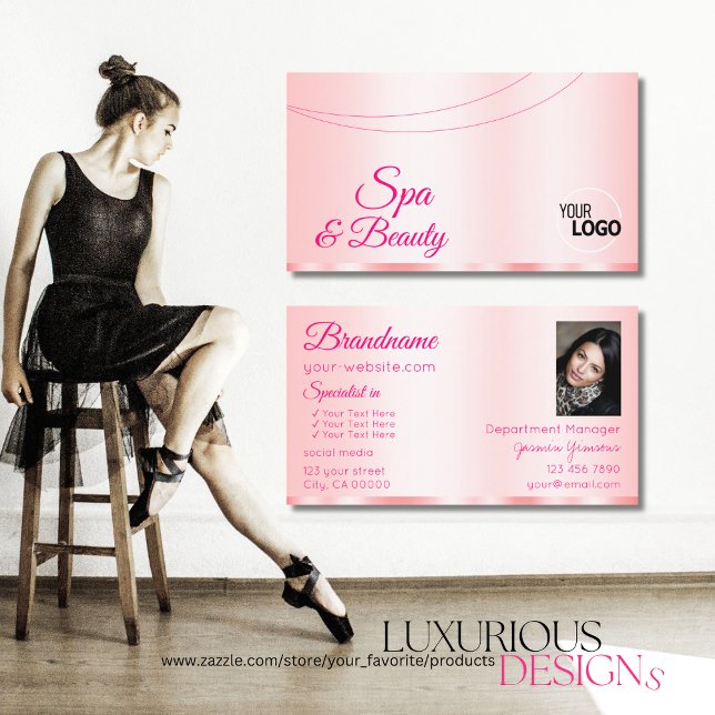 Tarjeta De Visita Elegante glamoroso rosa pastel con logo y foto (Subido por el creador)