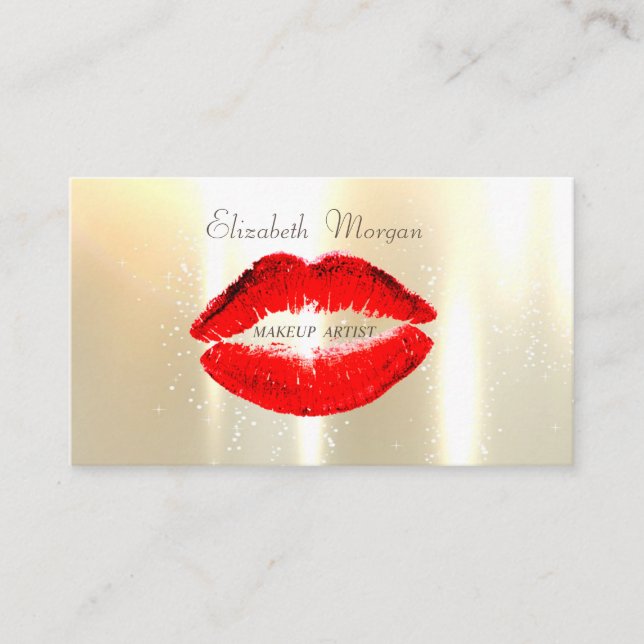 Tarjeta De Visita Elegante Glamoroso Shinny, Faux Gold, Labios Rojos (Anverso)
