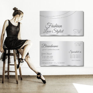 Tarjeta De Visita Elegante Glamour plateado con estilo Monograma