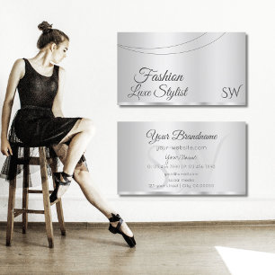 Tarjeta De Visita Elegante Glamour plateado con Iniciales Elegante