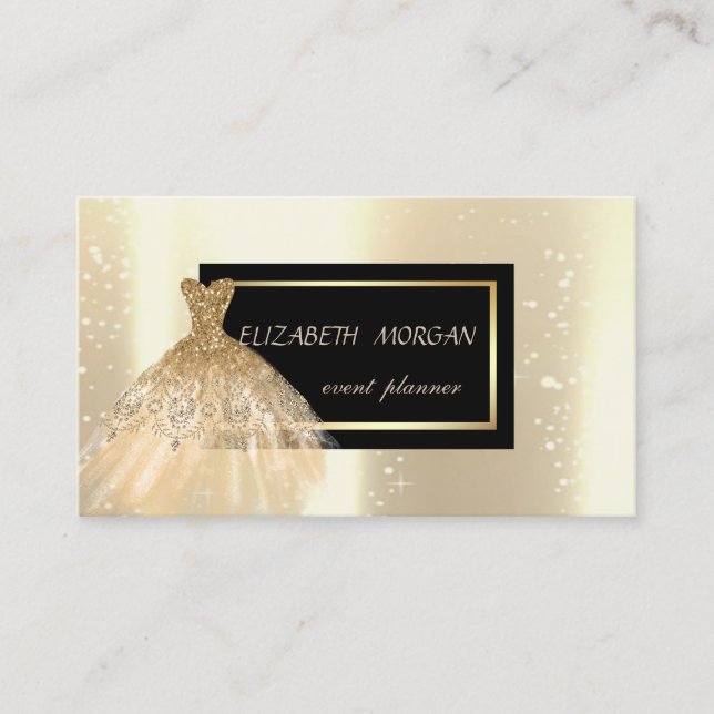 Tarjeta De Visita Elegante Glamur Moderno, Vestido Glutter Oro (Anverso)