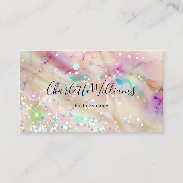Tarjeta De Visita Elegante Glitter Pastel Mármol Tinta Alcohol (Anverso)
