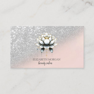 Tarjeta De Visita Elegante Glitter Plateado Con Bokeh Loto Rosa Esti