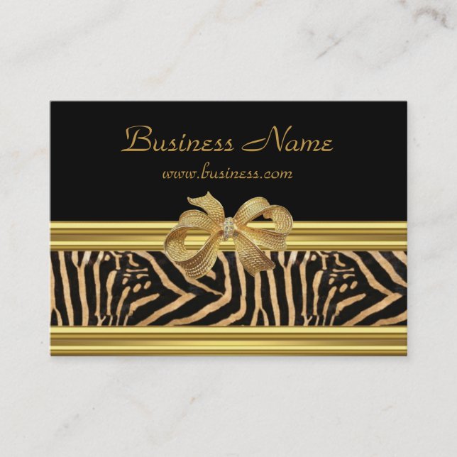 Tarjeta De Visita Elegante Gold Black Zebra Stripe Gold Bow (Anverso)