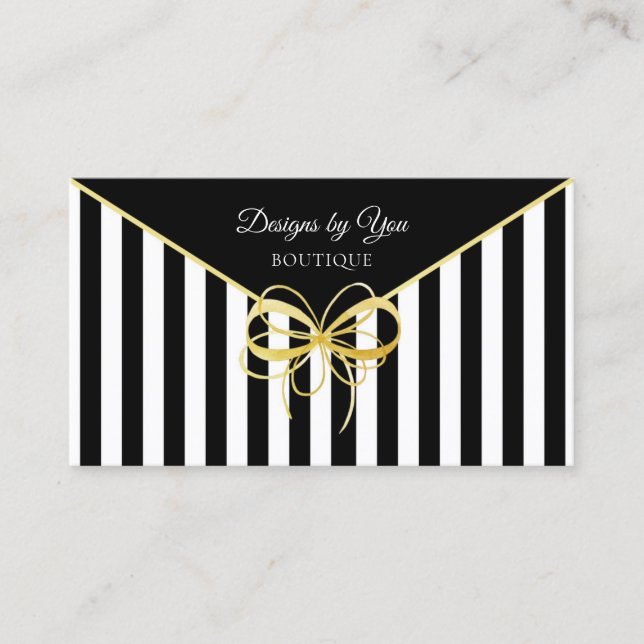 Tarjeta De Visita Elegante Gold Bow Boutique Rayas en blanco y negro (Anverso)