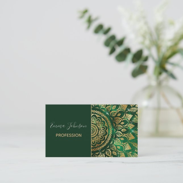Tarjeta De Visita Elegante Gold Green Mandala Floral (Anverso de pie)