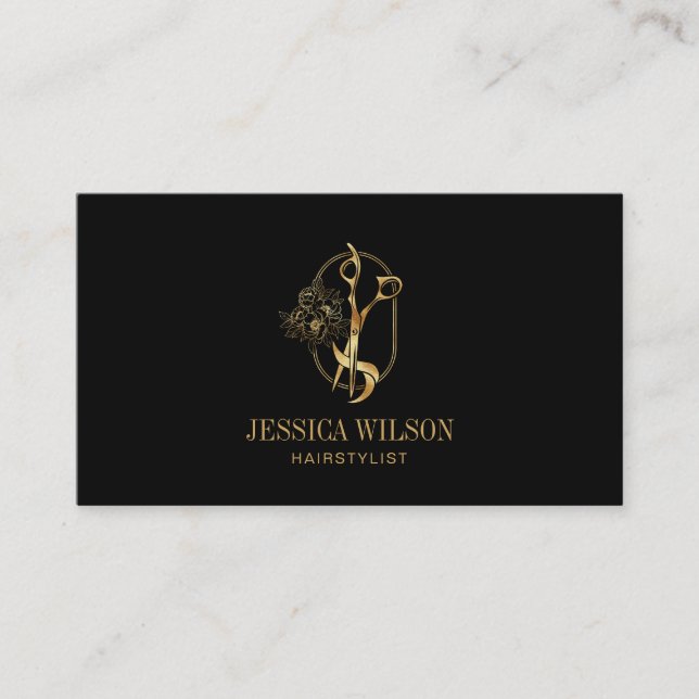 Tarjeta De Visita Elegante Gold Hairstylist Scissors Floral QR Code (Anverso)